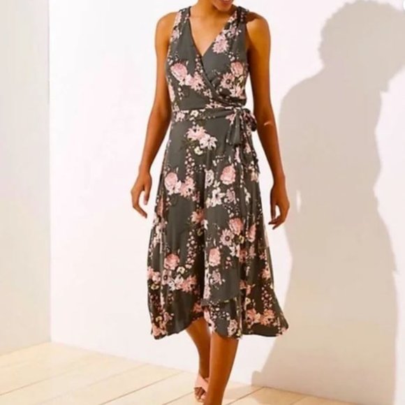 LOFT Green Pink Floral Wrap Dress XS - Picture 1 of 6